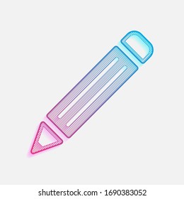 simple pencil symbol. Colored logo with diagonal lines and blue-red gradient. Neon graphic, light effect