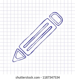 simple pencil symbol. Hand drawn picture on paper sheet. Blue ink, outline sketch style. Doodle on checkered background