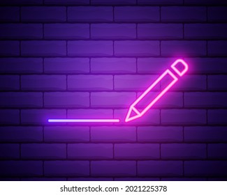 simple pencil symbol. Neon style. Light decoration icon. Bright electric symbol isolated on brick wall