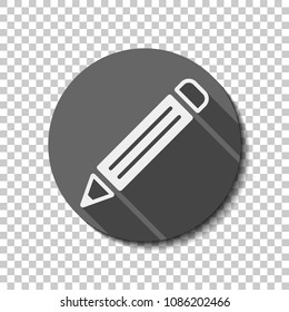 simple pencil symbol. White flat icon with long shadow in circle on transparent background. Badge or sticker style