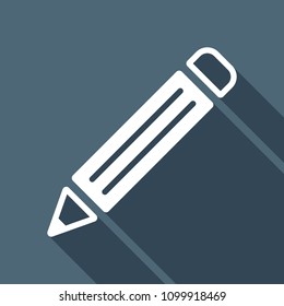 simple pencil symbol. White flat icon with long shadow on background