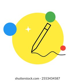 Simple pencil writing icon on yellow circle. Creative design, writing, drawing, idea, inspiration, education, content creation symbol.