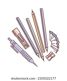 Simple pencils with a sharpener, shavings. Automatic pencil, pack of replacement leads. Vector illustration in doodle style. Stationery, office. For stickers, posters, postcards, design elements