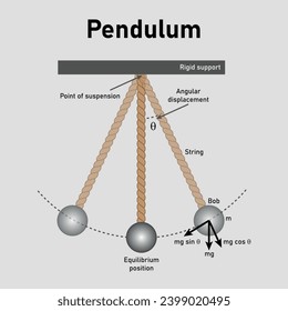 Simple pendulum diagram. Rigid support, point of suspension, angular displacement. Simple harmonic motion. Scientific resources for teachers and students. Vector illustration.