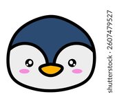 Simple Penguin Face with Big Eyes and Blush. Cute Cartoon Penguin Face Illustration
