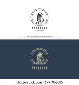 Simple penguin line art emblem logo vector template.