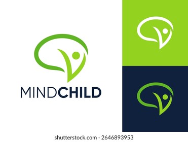 simple people brain logo design. happy child smart brain innovation technology vector design concept