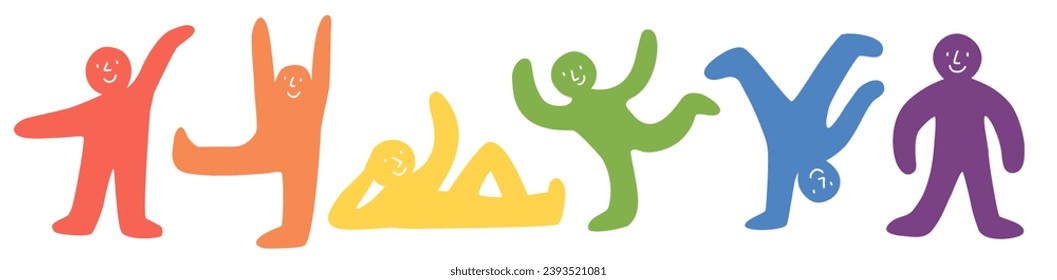 Personas simples con diferentes poses con colores de arcoiris de la bandera LGBT. Ilustración del vector