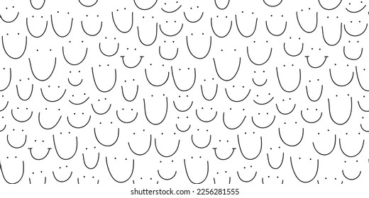 Simple people faces smile seamless pattern illustration. Black and white happy cartoon characters in funny children doodle style. Friendly community or kid group smiling background print.