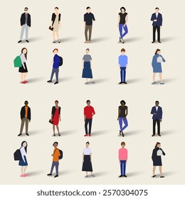 Simple people figures, a set of different human characters. Black and white standing persons. Adult city dwellers in full height. Flat vector illustration isolated on white background.