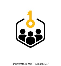 simple people with key like teamwork success. cartoon flat trend modern advice logotype graphic design element isolated on white background. concept of abstract consulting badge or achievement