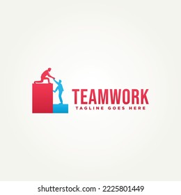 personas simples trabajando juntas para lograr un éxito en el diseño de ilustración vectorial de la plantilla de logotipo de la etiqueta de icono. símbolo plano moderno del concepto de trabajo en equipo, cooperación y asociación