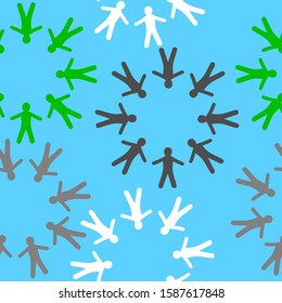 Simple people's shapes in circles on blue. Seamless pattern. Vector graphics.