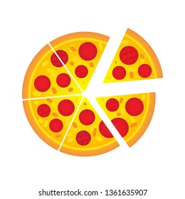 Simple pepperoni Italian pizza cartoon vector illustration design. Slide of pizza on white background.