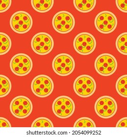 Simple Pepperoni Pizza Seamless Pattern. Yummy Food Background Vector Illustration wallpaper. Cuisine Cartoon Flat Design Simple. American Italian Dish Delicious Menu. Green Bellpepper, Cheese, Meaty