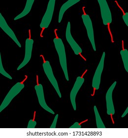 Simple peppers pattern. Black background, small sharp green peppers. The print is well suited for textiles, Wallpaper and packaging.