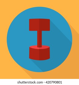 Simple and perfect. Vector illustration of a red dumbbell with long shadow in flat design. 