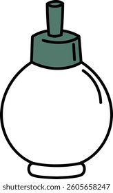 A simple perfume bottle with a rounded shape and a tall cap in a clean cartoon style. The bottle is depicted in a minimalist manner, emphasizing its elegant curves and sleek design
