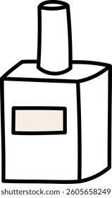 A simple perfume bottle with a tall cap and label in a minimalist cartoon style. The bottle is depicted with clean lines and a straightforward shape. Cartoon vector illustration.