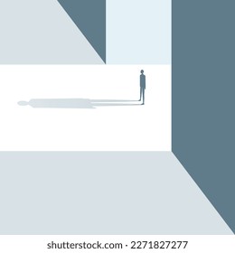 Simple person going into a dark space flat design illustration, going toward fear, dark, scary and strange challenging way alone, modern facing darkness graphic concept