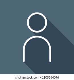 Simple person icon. Linear symbol, thin outline. White flat icon with long shadow on background