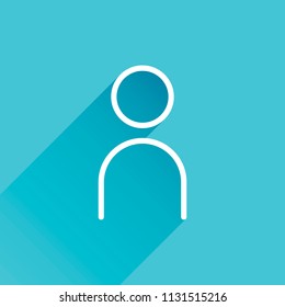 Simple person icon. Linear symbol, thin outline. Gray icon with long shadow in bottom left corner on blue background