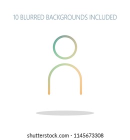 Simple person icon. Linear symbol, thin outline. Colorful logo concept with simple shadow on white. 10 different blurred backgrounds included