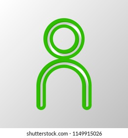 Simple person icon. Linear symbol, thin outline. Paper style. Cut symbol with green bold contour on shape and simple shadow