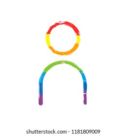 Simple person icon. Linear symbol, thin outline. Drawing sign with LGBT style, seven colors of rainbow (red, orange, yellow, green, blue, indigo, violet