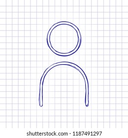 Simple person icon. Linear symbol, thin outline. Hand drawn picture on paper sheet. Blue ink, outline sketch style. Doodle on checkered background