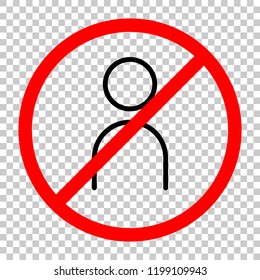 Simple person icon. Linear symbol, thin outline. Not allowed, black object in red warning sign with transparent background