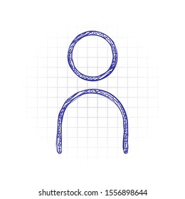 Simple person icon. Linear symbol, thin outline. Hand drawn sketched picture with scribble fill. Blue ink. Doodle on white background