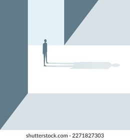 Simple person stepping into unknown future on a light path flat design illustration, going toward fear, dark, scary and strange challenging way alone, modern facing darkness graphic concept