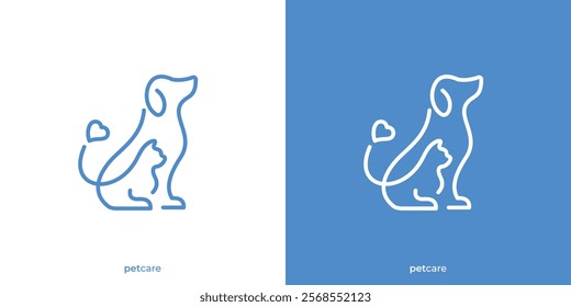 Simple Pet Care Logo. Lineart Dog Cat and Love Icon Graphic. Pet Shop Logo Design Template.