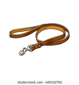 Simple pet, cat, dog brown leather leash with metal fastener, sketch vector illustration isolated on white background. Hand drawn pet, dog leash, lead made of thick brown leather