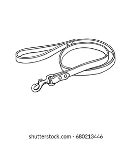 Simple pet, cat, dog brown leather leash with metal fastener, black and white sketch style vector illustration isolated on white background. 