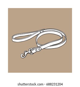 Simple Pet, Cat, Dog Brown Leather Leash With Metal Fastener, Black And White Sketch Style Vector Illustration Isolated On Brown Background. Hand Drawn Pet, Dog Leash, Lead Made Of Thick Leather