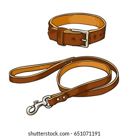 Simple Pet, Cat, Dog Buckle Collar And Leash Made Of Thick Brown Leather, Sketch Vector Illustration Isolated On White Background. Hand Drawn Brown Leather Leash, Lead And Collar For Pets, Dogs, Cats