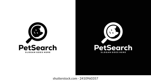 Simple Pet Search Logo. Magnifying Glass and Cat Combination. Pet Care Logo Icon Symbol Vector Design Template.