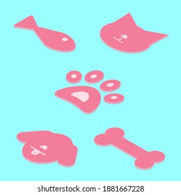 Simple pets icons in isometric perspective. Pink pictogram for website design, presentation, banner, booklet, social networks, mobile application buttons. For veterinary clinic, goods and animal feed.