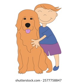 Simple Pettherapy vector illustration. Happy kid with golden retriever isolated white background. Template design for Pettherapy poster cover flyer info card. EPS 10 Editable stroke.