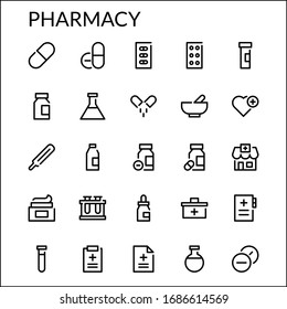 Simple Pharmacy Line Style Contain Such Icon as Medicine, Health, Drugs, Lab, Tube, Chemistry, Mortar, Research, Vaccine and more. 48 x 48 Pixel Perfect