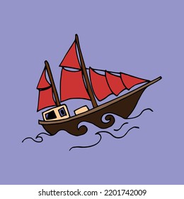 Simple phinisi boat icon vector, in trendy flat color style on blue background. Boat icon illustration. 