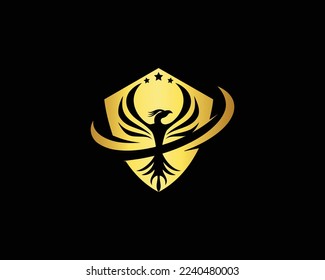 Simple Phoenix Bird With Shield Symbol Logo Design Vector Template Icon.