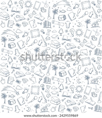 Сute simple phone web data pad app wifi tool exam time light bulb text. Outline black ink pen hand drawn read old diary file note. Сheck list scroll logo emblem fly arrow retro cartoon line art style