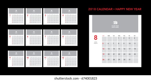 Simple photo calendar Layout for 2018 years. Week starts from Sunday.