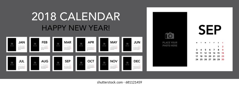 Simple photo calendar Layout for 2018 years. Week starts from Monday.