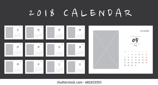 Simple photo calendar Layout for 2018 years. Week starts from Monday.