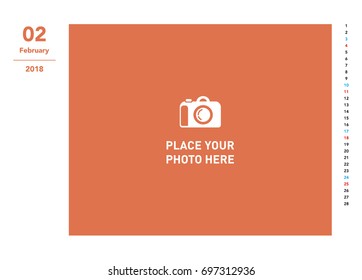 Simple photo calendar Layout for 2018 years. February Photo calendar.