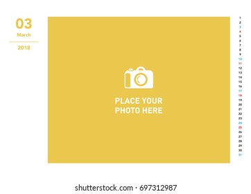 Simple photo calendar Layout for 2018 years. March Photo calendar.
